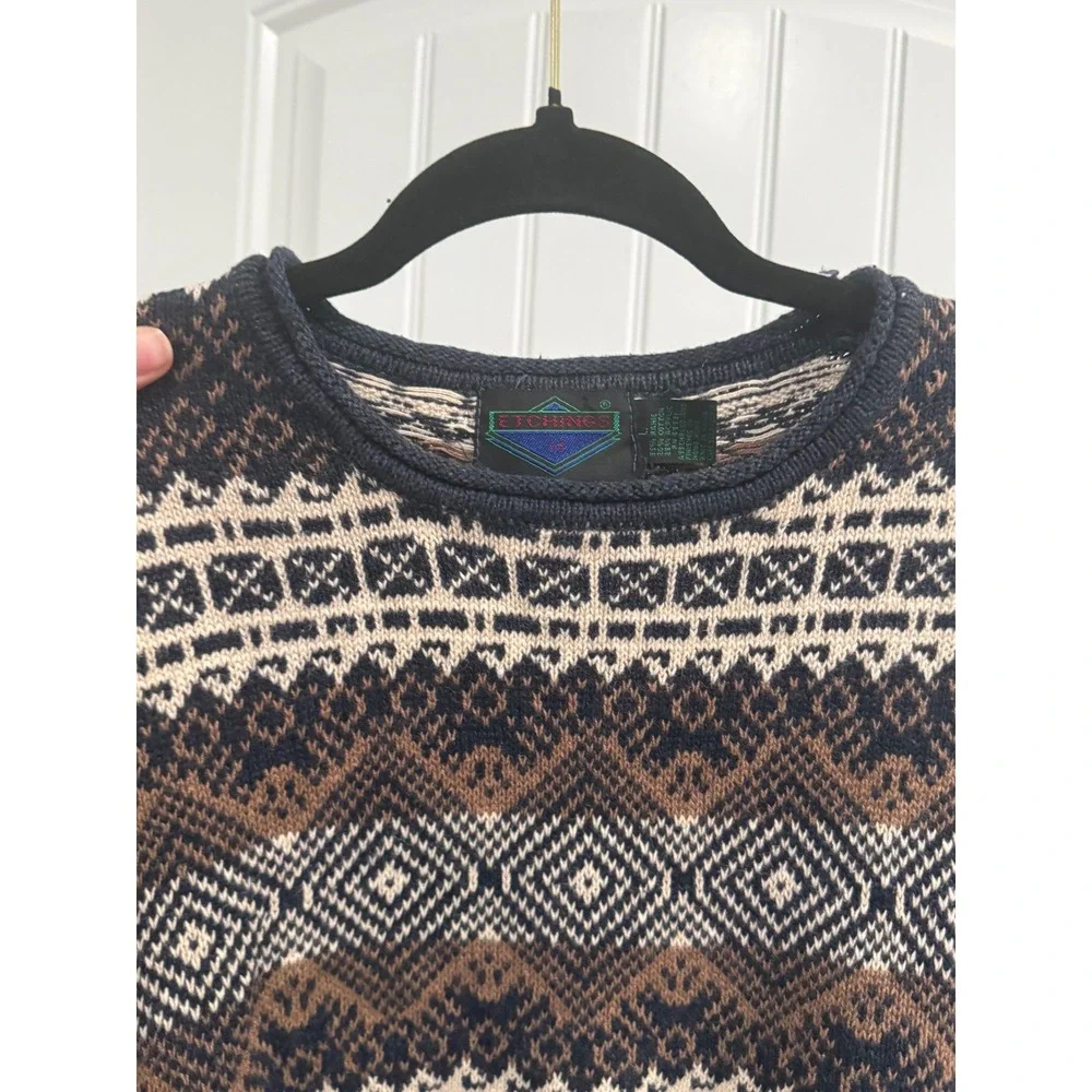 Etchings Vintage Mens Large Geometric Fair Isle Sweater Navy Brown Ramie Blend
